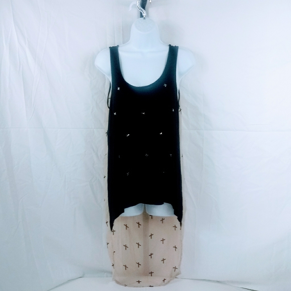 Mauve Sleeveless Black & Beige Cross Top Size S